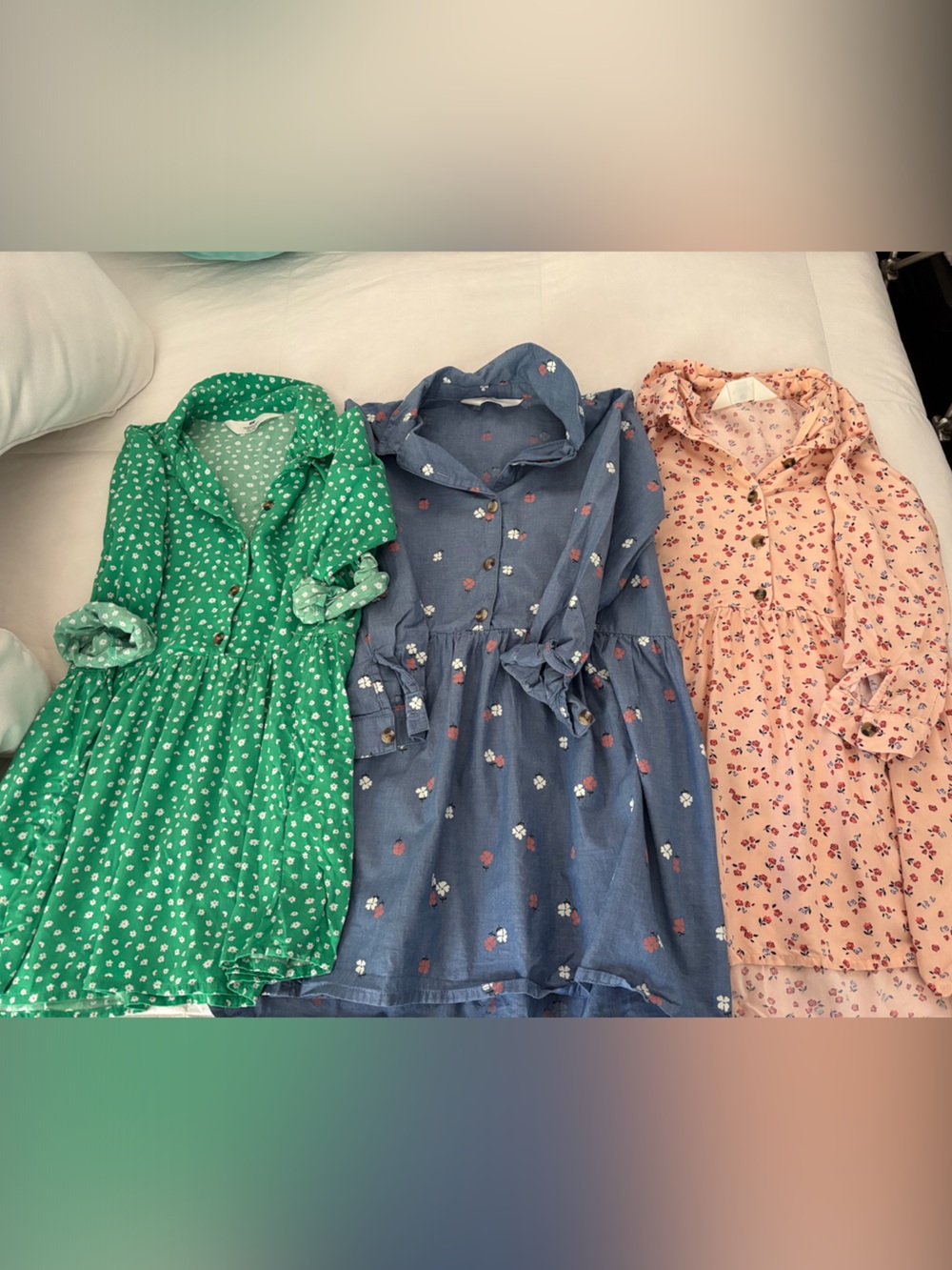 Three Floral Button-Front dresses - Green, Blue, Pink 3 pc bundle